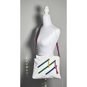 Y2K White Leather Crossbody Rainbow Zipper‎ Colorblock Retro Statement Bag